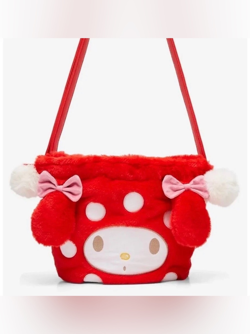 My Melody Sanrio Red and White Mushroom Fuzzy Bucket Cossbody Bag